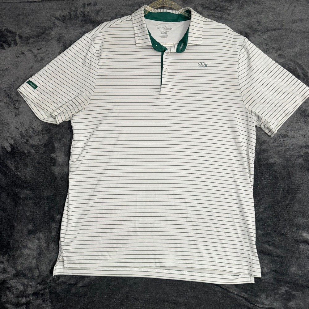 Men's Large Good Good Golf Polo Shirt White Green Excellent Striped Performance